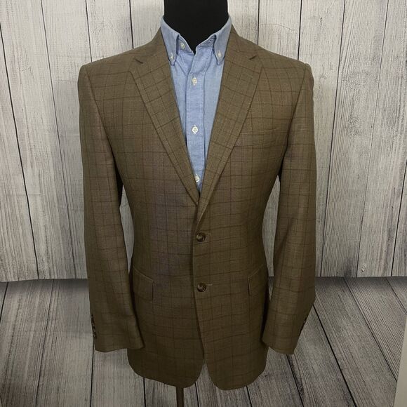 Jos. A. Bank 41L Brown Check Silk / Wool / Ramie 2-Button Dual-Vent Sports Coat - Picture 2 of 10